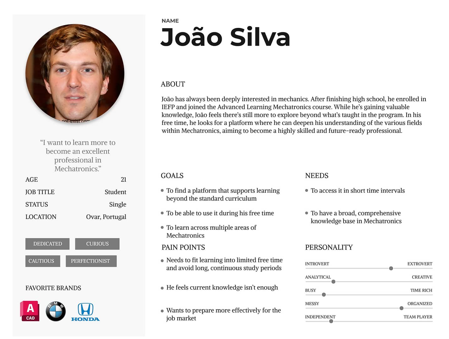 Profile card for João Silva, a 21-year-old student from Ovar, Portugal, studying Mechatronics. João's goal is to become an excellent professional in Mechatronics. He wants to learn beyond the standard curriculum, fitting studies into his limited free time, and accessing knowledge in short intervals. João is dedicated, curious, cautious, and a perfectionist, with favorite brands including AutoCAD, BMW, and Honda. His personality is described as introverted, analytical, time-rich, organized, and a team player.